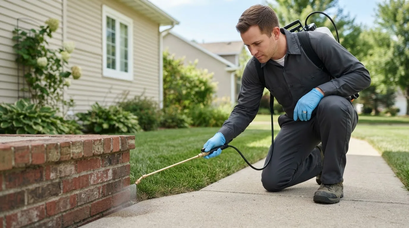 Pest control technician treating a home near Mendon, MA