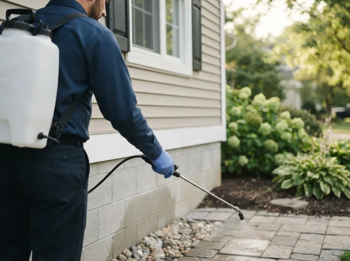 Pest control technician inspecting a home in Mendon, MA